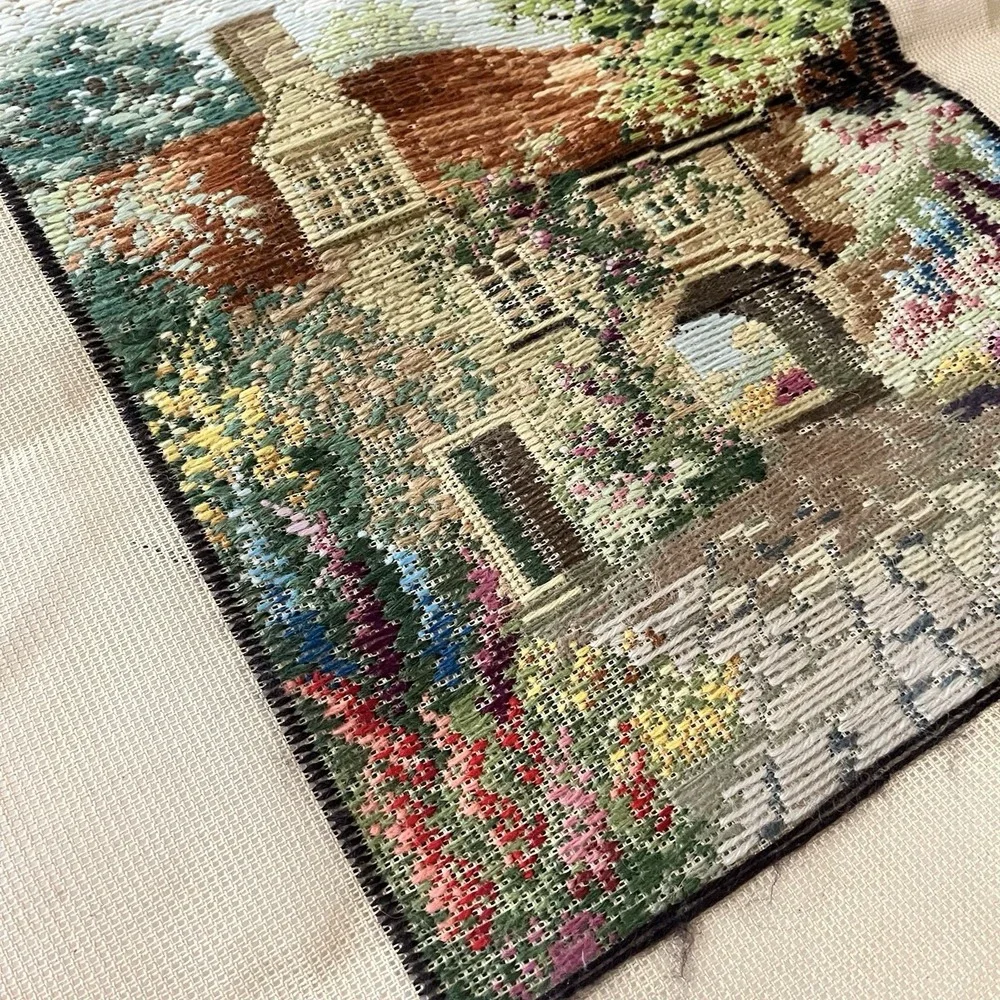 Vtg Handwork Tapestries floral cottage 20x23 unframed needlepoint English